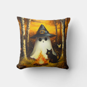 Coussin Cosy Halloween Ghost & Black Cat Campfire Art