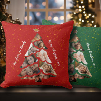 Coussin Cosy Red Green Christmas Tree Family Photo Collage