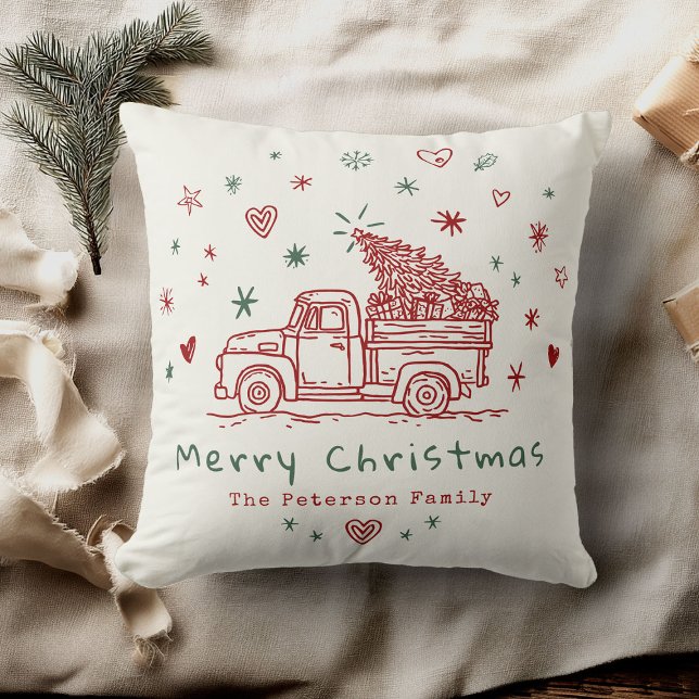 Coussin Cosy Whimsical Retro Noël Camion famille photo (Créateur téléchargé)