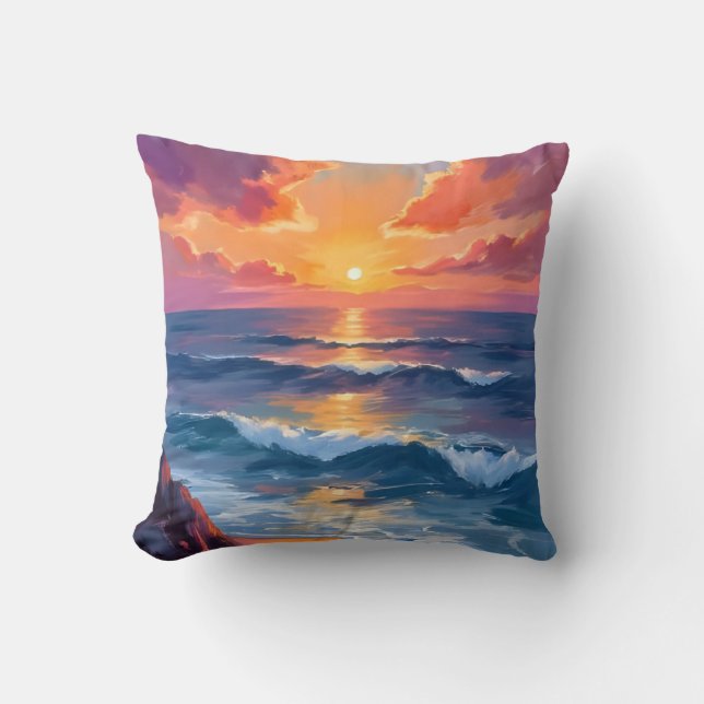 Coussin Côte Dorée | Peinture Aquarelle du Coucher de Sole (Recto)