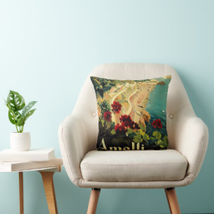 Coussin Côte italienne d'Amalfi, affiche de voyage vintage