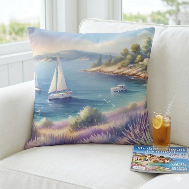 Coussin Côte méditerranéenne de la Lavande avec voiliers (Mediterranean Lavender Coast with Sailboats Throw Pillow Mockup A)