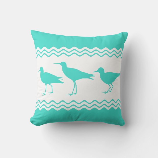 Coussin Côte Turquoise Blanc Sandpiper Bird Motif (Recto)