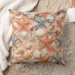 Coussin Côtière rustique - Coquillages, Poissons étoilés, 