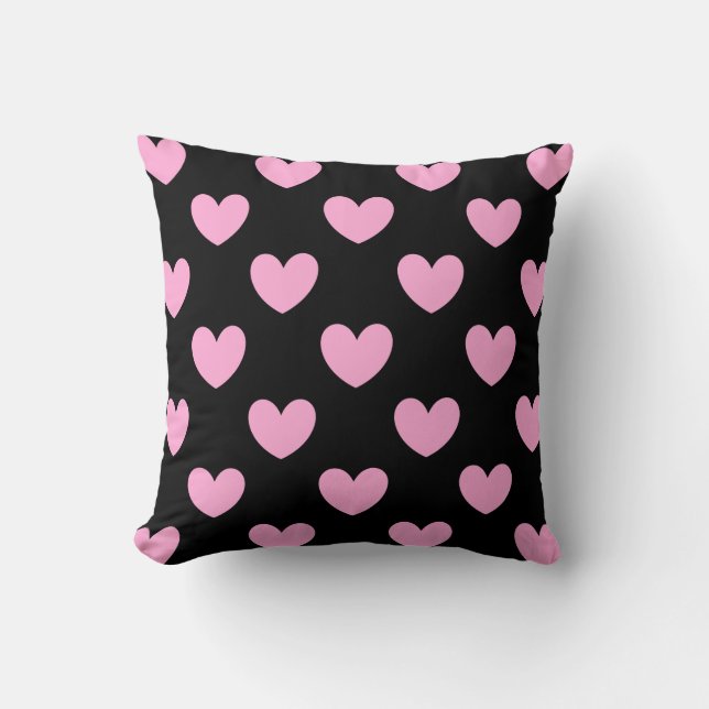 Coussin Coton Candy Pink coeurs de polka sur noir (Recto)