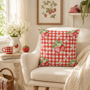Coussin Cottage de campagne au gingham rouge et aux fraise