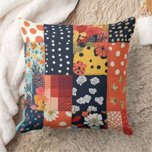 Coussin Cottage Floral Patchwork Bleu Corail Éclectique