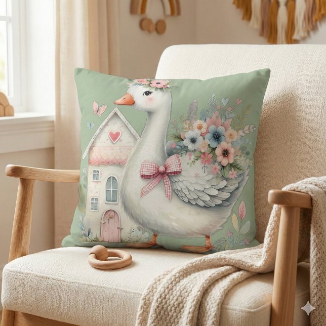 Coussin Cottage Goose Floral House Scène (Cottage Goose Floral House Scene Throw Pillow Mockup A)