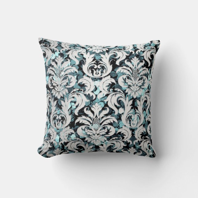 Coussin Cottage Turquoise Argent aquatique Damask Grey GSe (Recto)