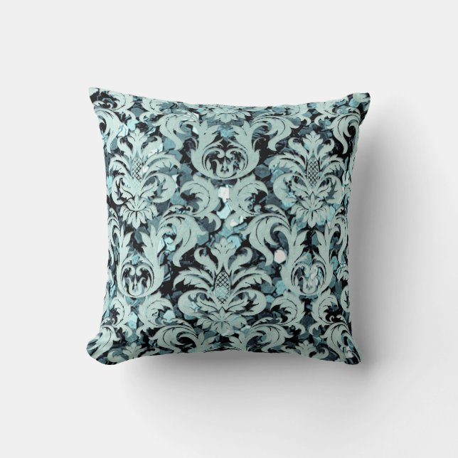 Coussin Cottage Turquoise Damas Aquatiques Blue Lux Sequin (Recto)