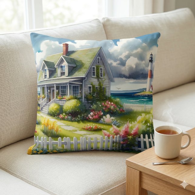 Coussin Cottage With View Of The Lighthouse (Cottage With View Of The Lighthouse Throw Pillow Mockup A)