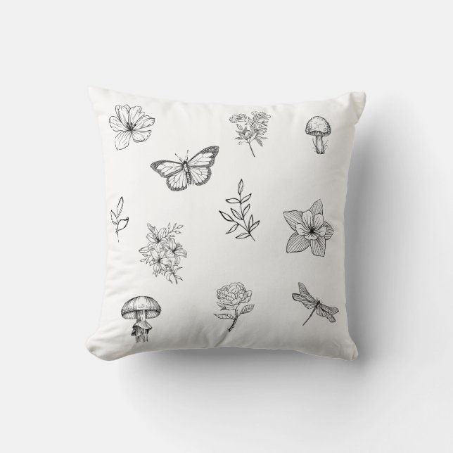 Coussin Cottagecore - champignon, fleur, papillon (Recto)