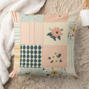 Coussin Cottagecore Corail Pastel Floral Patchwork Courtep