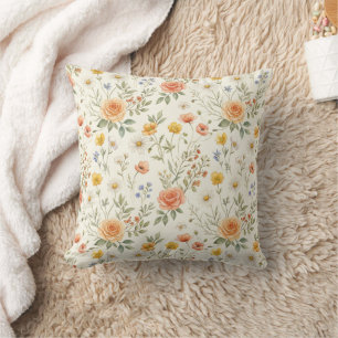 Coussin Cottagecore Fleurs Sauvages Roses Rose Pêche