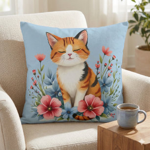 Coussin Cottagecore Floral Chat Serene Feline Botanique