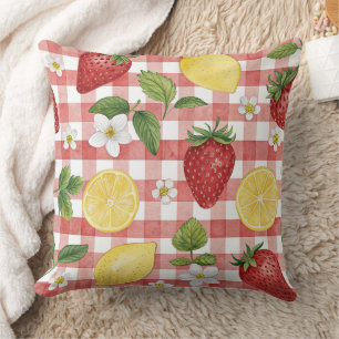 Coussin Cottagecore Fraises et citrons sur Gingham rouge