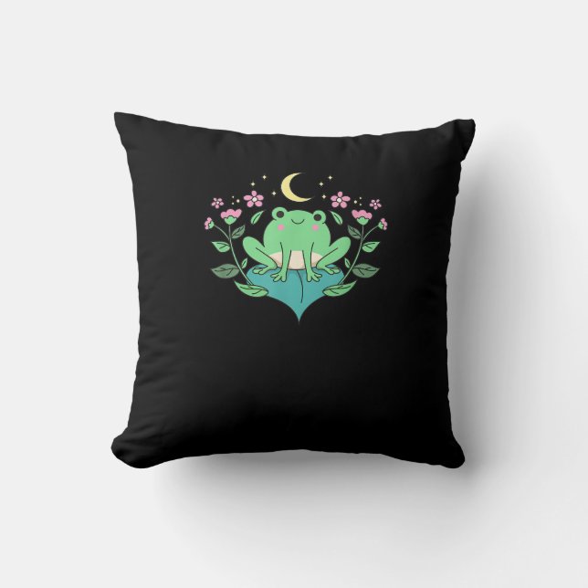 Coussin Cottagecore Goblincore Moon Flowers Forest Frog Mu (Recto)