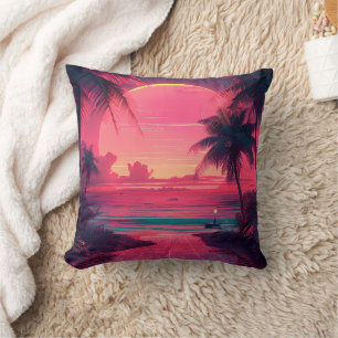 Coussin Coucher de soleil 3d sur la plage. Palmiers rétro