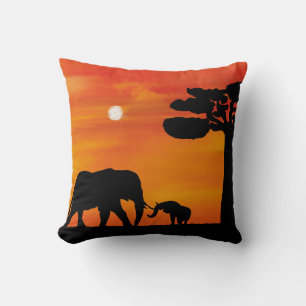Coussin Coucher de soleil africain silhouette d'éléphant