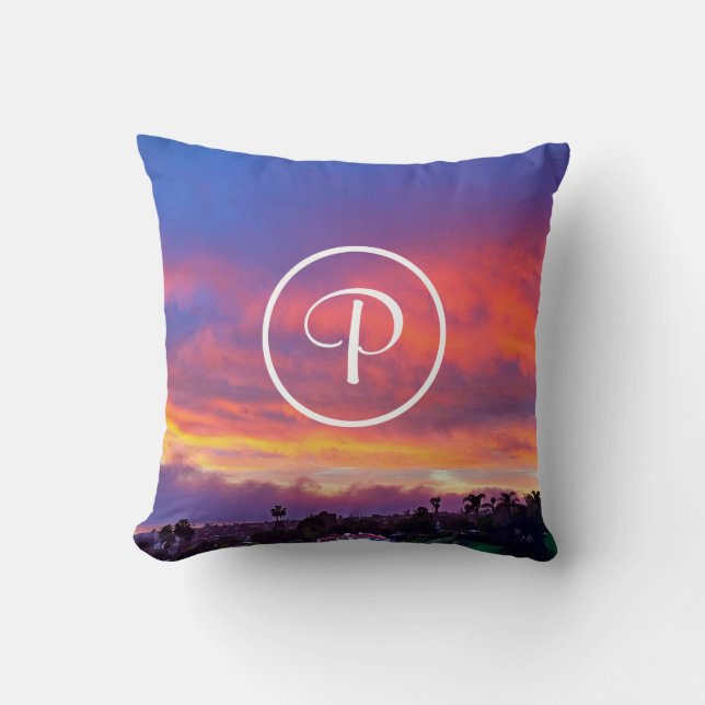 Coussin Coucher de soleil bleu rose personnalisé monogramm (Recto)