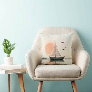 Coussin Coucher De Soleil De Bateau Avec Mouettes