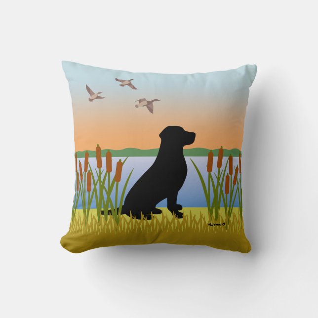 Coussin Coucher de soleil de Chien noir du Labrador (Recto)