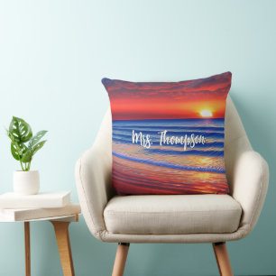 Coussin Coucher de soleil de plage avec nom personnalisé