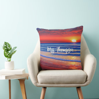 Coussin Coucher de soleil de plage avec nom personnalisé