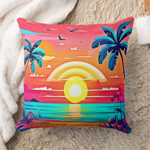 Coussin Coucher de soleil de plage tropical avec arc-en-ci