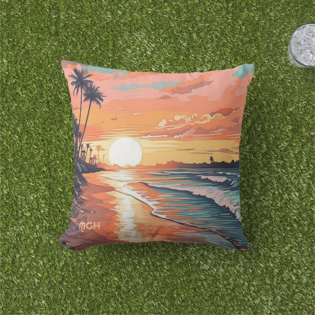 Coussin Coucher de soleil de plage tropicale sur mesure (Herbe)