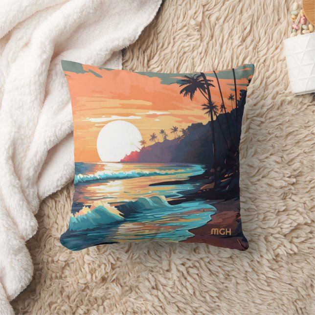Coussin Coucher de soleil de plage tropicale sur mesure (Couverture)