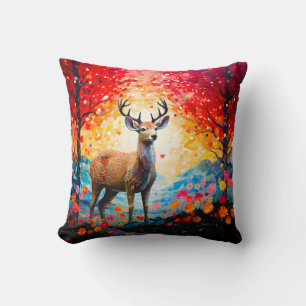 Coussin Coucher de soleil doré Floral Forêt d'automne Cerf