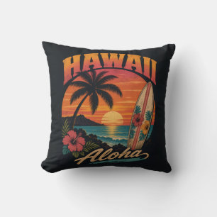 Coussin Coucher de soleil hawaïen vintage Palmiers Planche