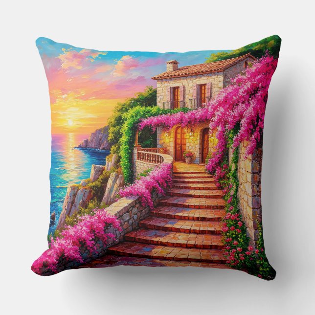Coussin Coucher de soleil pittoresque sur une villa côtièr (Recto)