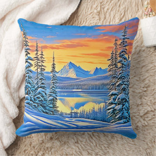 Coussin Coucher de soleil sur la montagne neigeuse