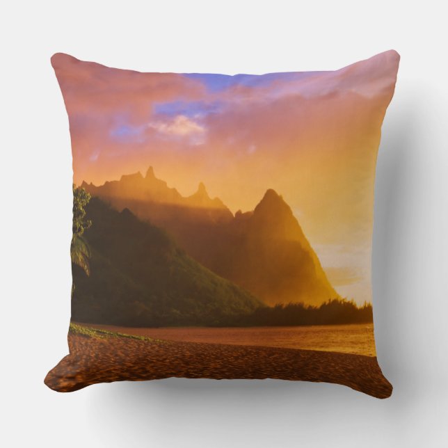 Coussin Coucher de soleil sur la plage dorée, Hawaï (Recto)