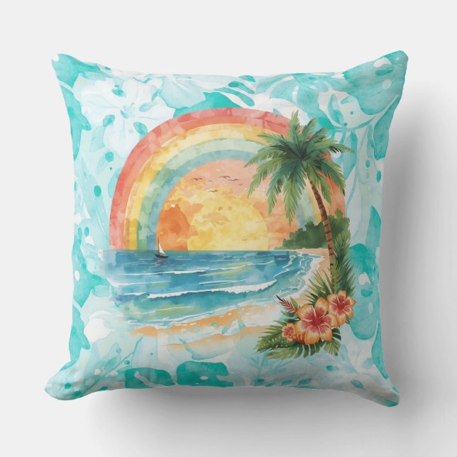 Coussin Coucher de soleil sur une plage tropicale avec fon (Recto)