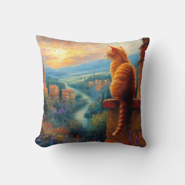 Coussin Coucher de soleil toscan avec un chat roux (Recto)