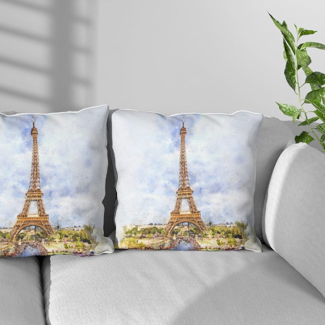 Coussin Coucher de soleil Tour Eiffel Paris Aquarelle fran (Sunset Eiffel Tower Paris French Watercolor. Throw Pillow)