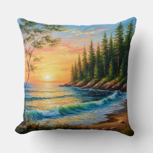 Coussin Coucher de soleil vibrant sur les vagues de l'océa
