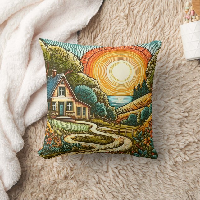 Coussin Coucher de soleil vif sur un paysage de campagne p (Couverture)