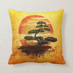 Coussin Coucher du soleil japonais d'arbre de bonsaïs