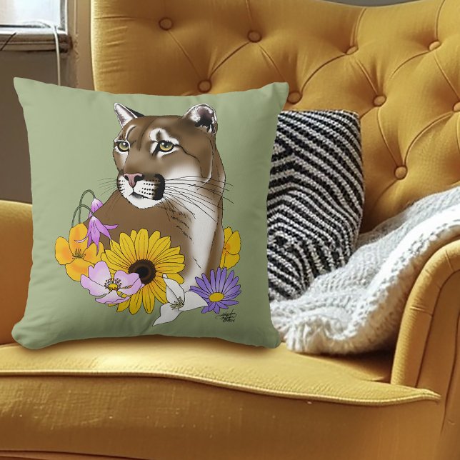 Coussin Cougar Mountain Lion Puma Fleurs (Créateur téléchargé)