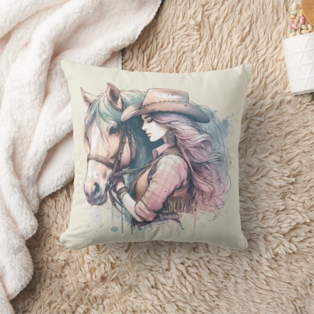 Coussin Couleur Aquarelle Pastel Cowgirl Et Cheval (Couverture)