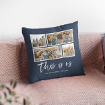 Coussin Couleur Arrière - plan modifiable C'est nous Photo<br><div class="desc">Coussin avec les mots "this is us" dans un script blanc élégant avec 4 photos avec une bordure blanche autour d'eux disposés côte à côte sur l'avant et l'arrière, ce qui en fait 8 photos au total que vous pouvez remplacer par vous propres photos contre une couleur arrière - plan...</div>