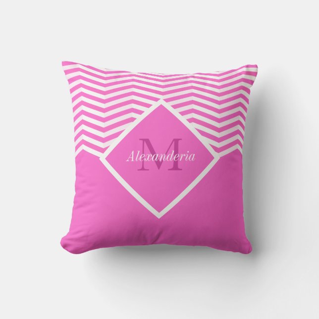 Coussin Couleur unie rose Monogrammé Blanc Chevron  (Recto)