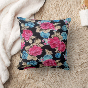 Coussin Couleur Vintage bleu rose floral sur noir