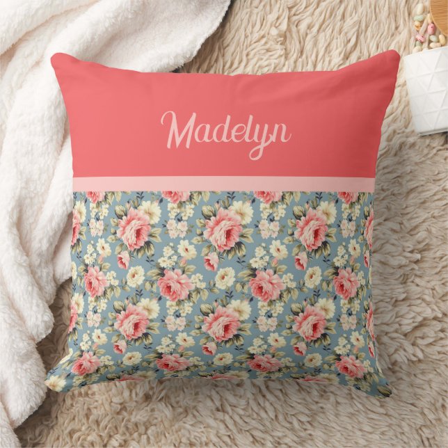 Coussin Country Garden Floral Coral Red Monogram Name (Couverture)