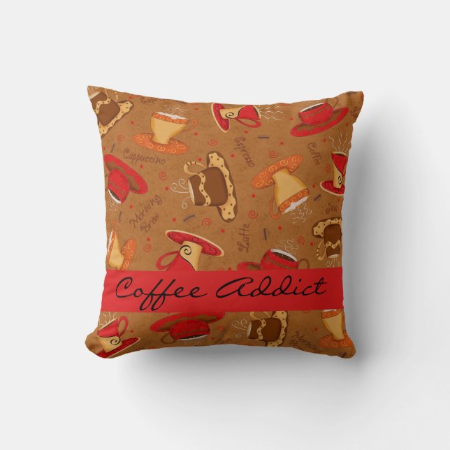 Coussin Coupe de café rouge et Brown Addict Personnalisé (Recto)