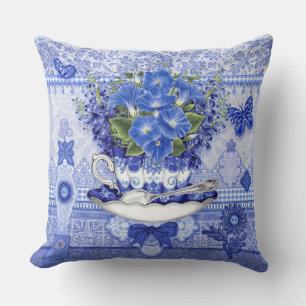 Coussin Coupe de porcelaine bleue et fleurs Jeter l'oreill